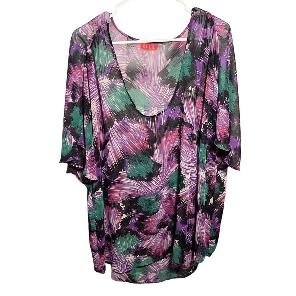 ELLE‎ Women's Purple Green Abstract Floral Sheer Dolman Blouse Top Large Flowy